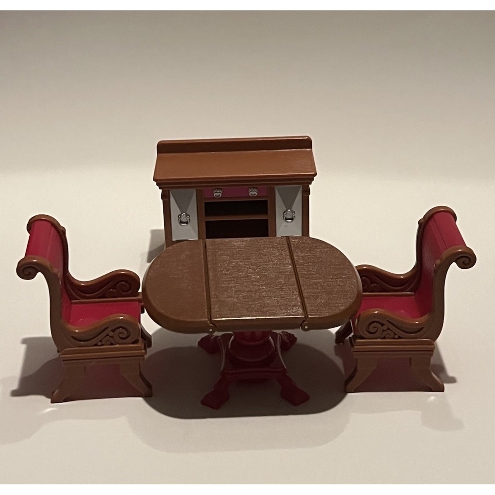 Fisher-Price Loving Family Dollhouse Dining Room Table Chairs Buffet Pink Brown